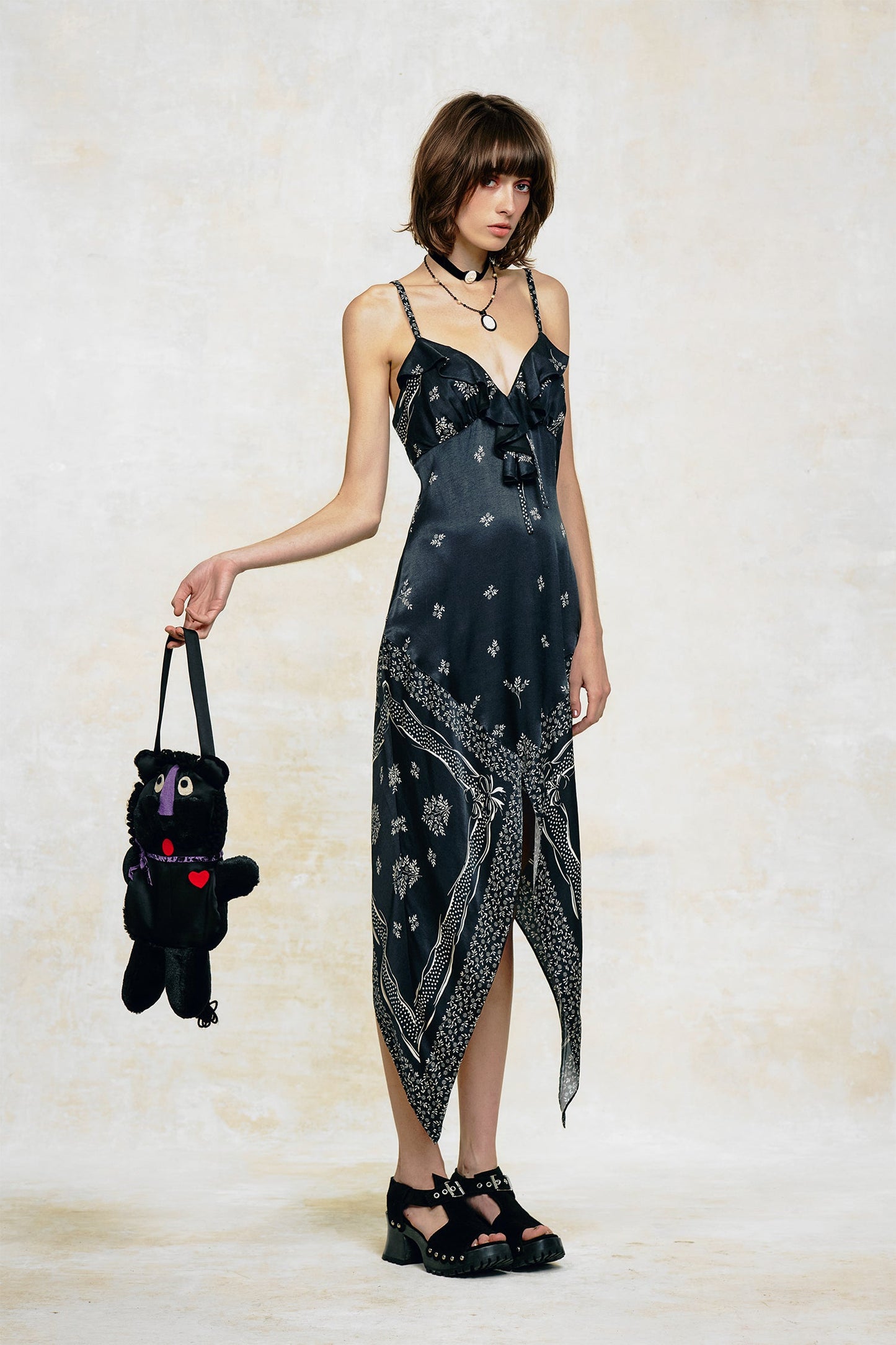 Anna Sui Ribbon Handkerchief Satin Print Dress