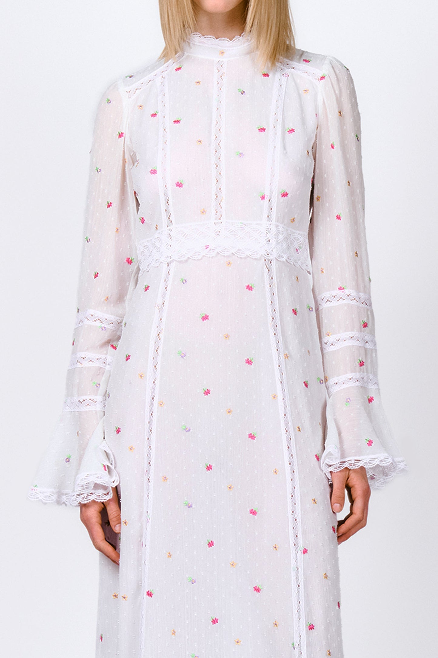 Anna Sui Cluny Lace Trimmed Floral Swiss Dot Maxi Dress