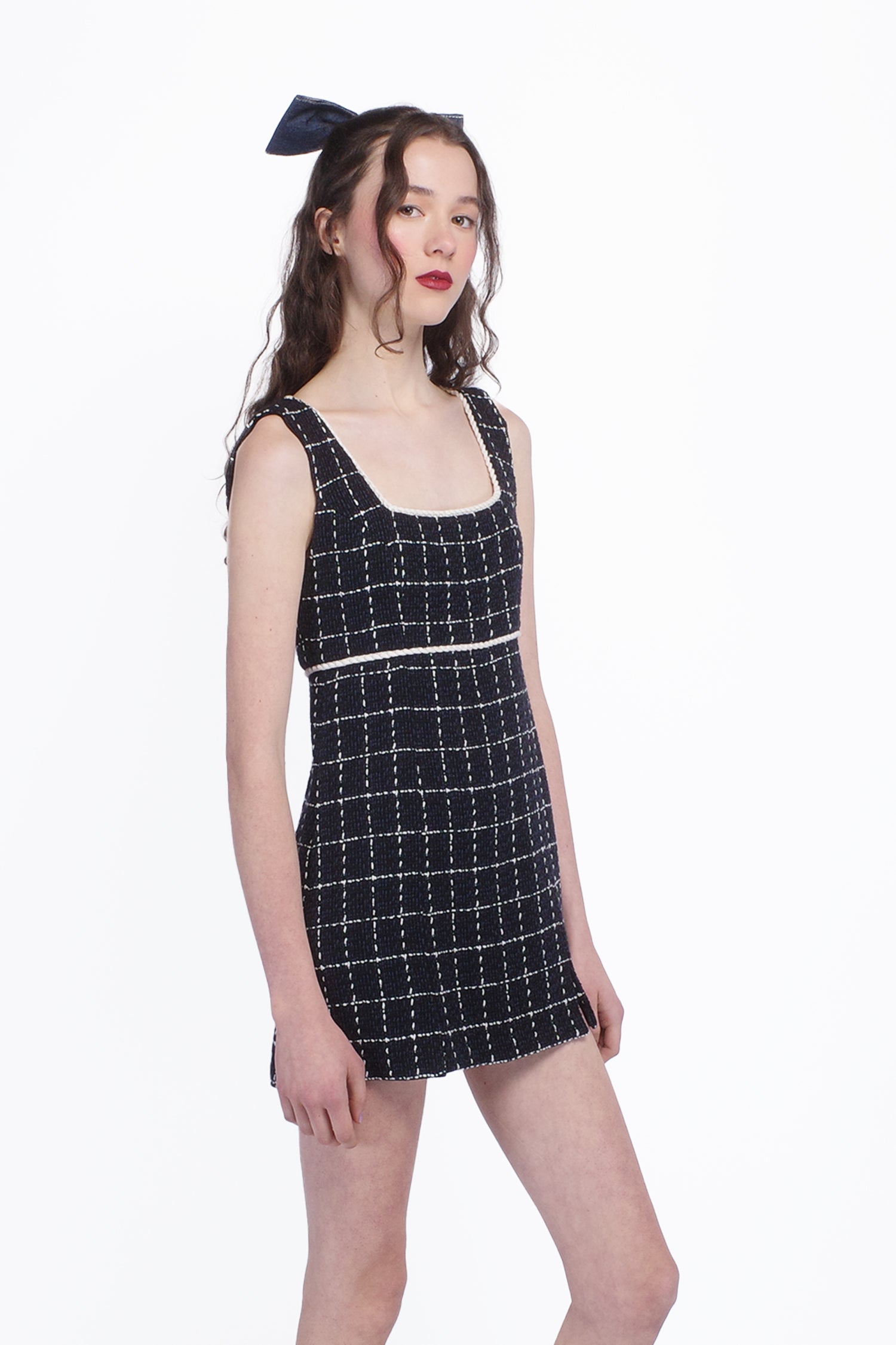 Anna Sui Windowpane Tweed Square Neck Mini Dress