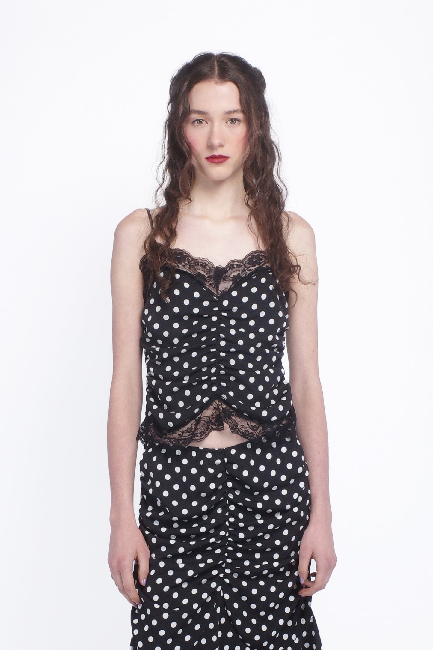 Anna Sui Polka Dot Ruched Lace Camisole