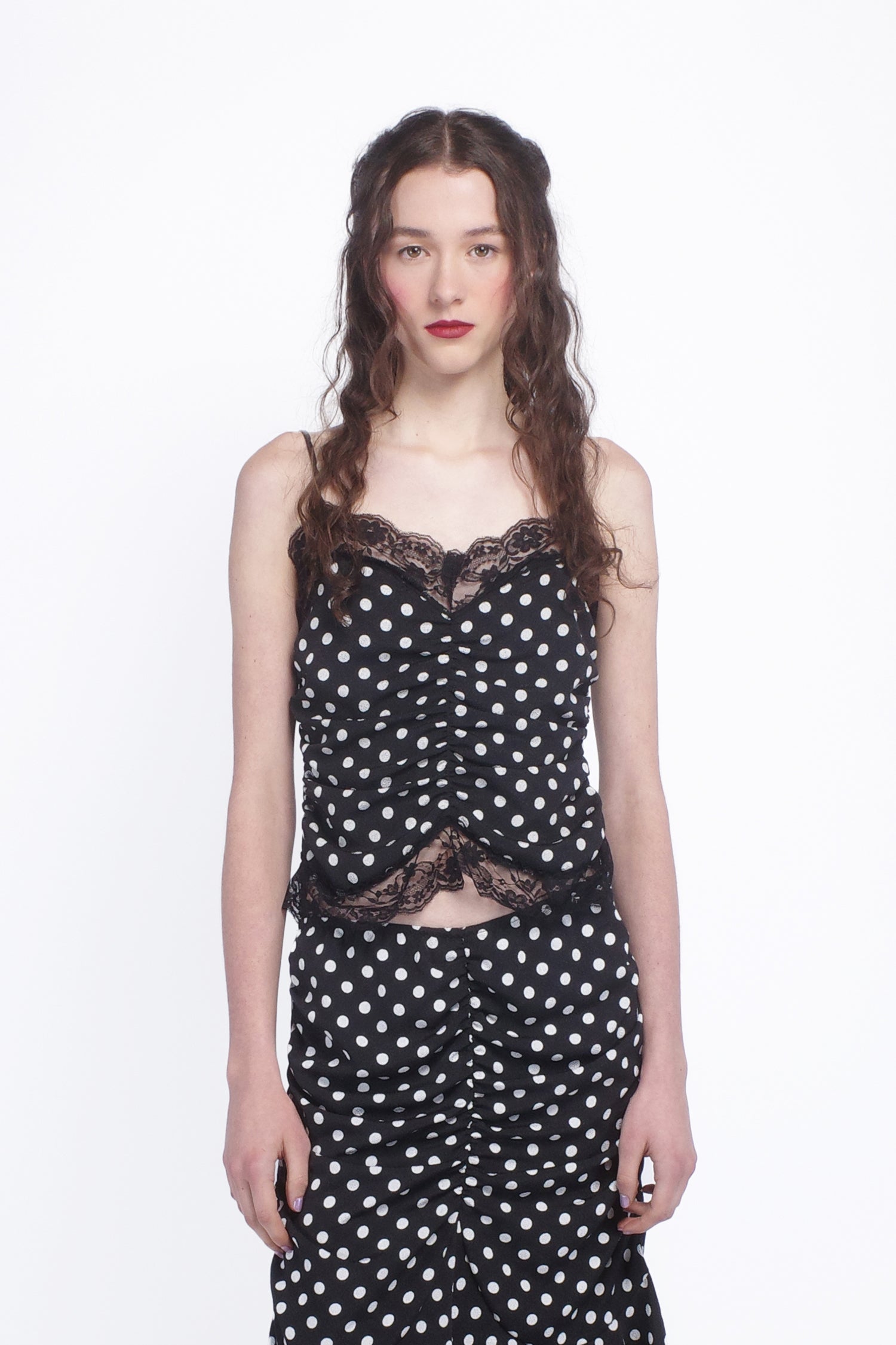 Anna Sui Polka Dot Ruched Lace Camisole