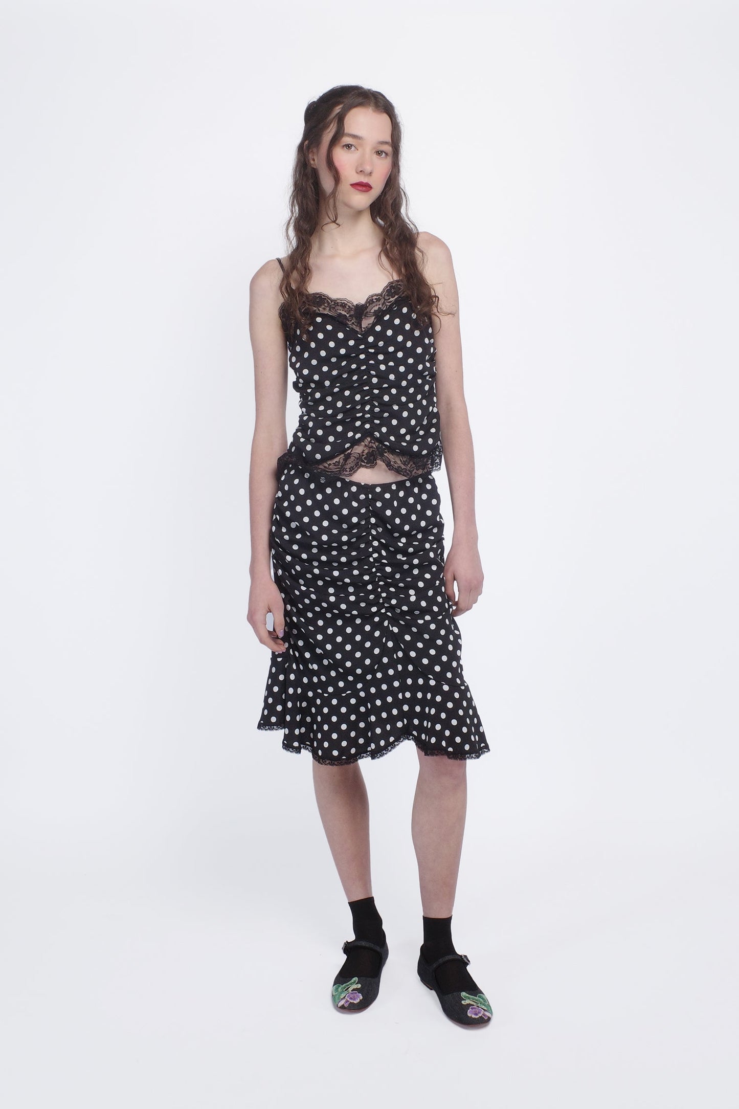 Anna Sui Polka Dot Ruched Lace Camisole