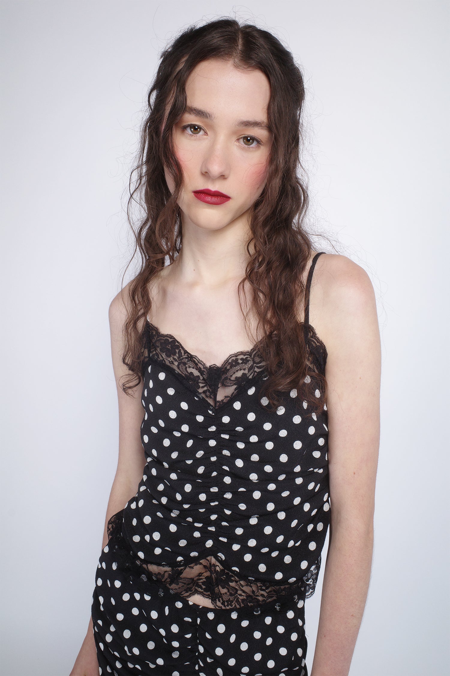 Anna Sui Polka Dot Ruched Lace Camisole