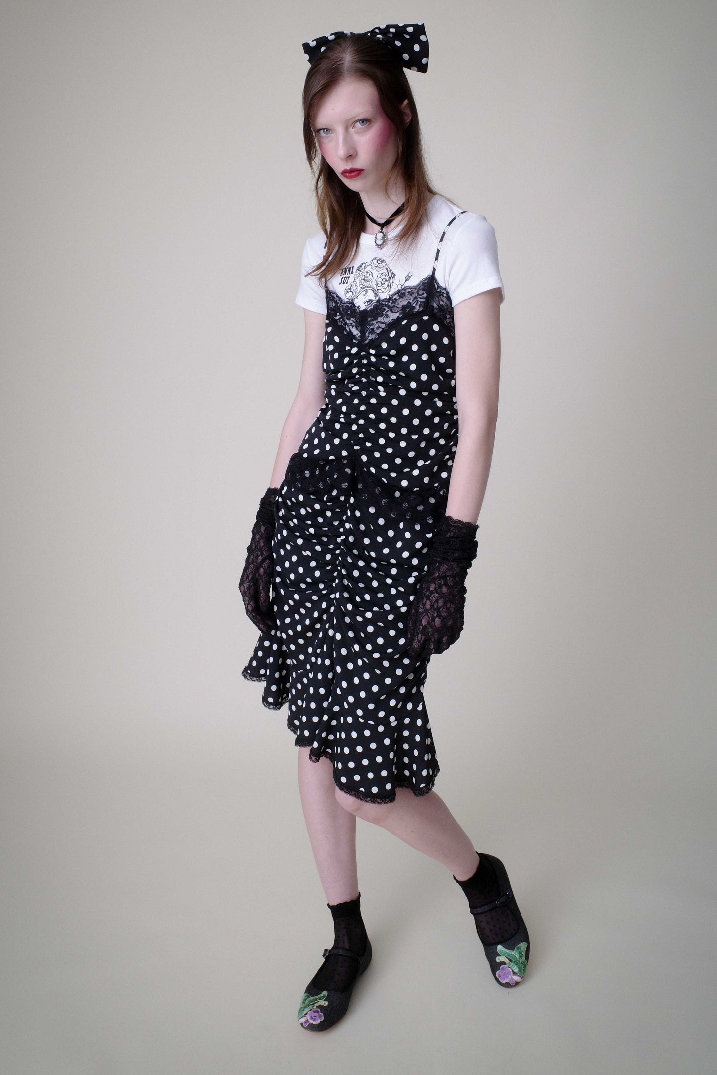 Anna Sui Polka Dot Ruched Lace Camisole