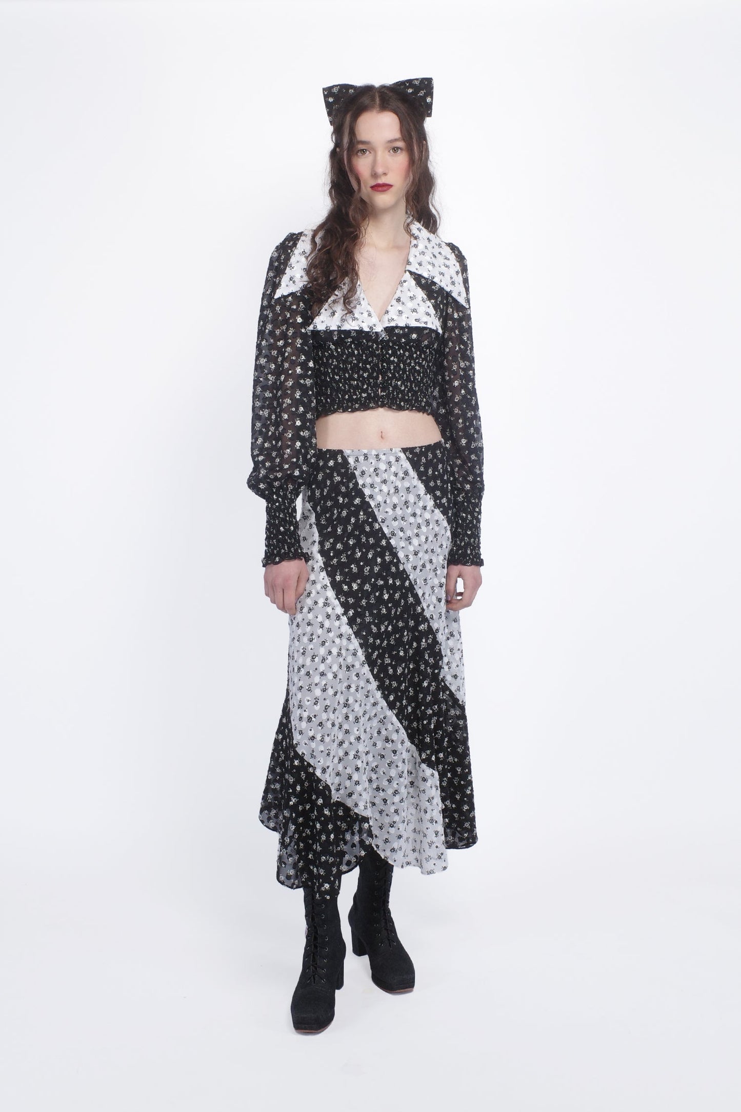 Anna Sui Ditsy Dot Chiffon Contrast Flowy Skirt