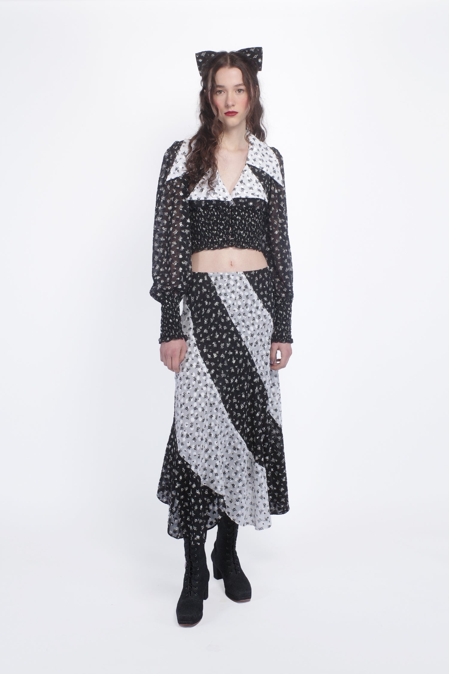 Anna Sui Ditsy Dot Chiffon Contrast Flowy Skirt
