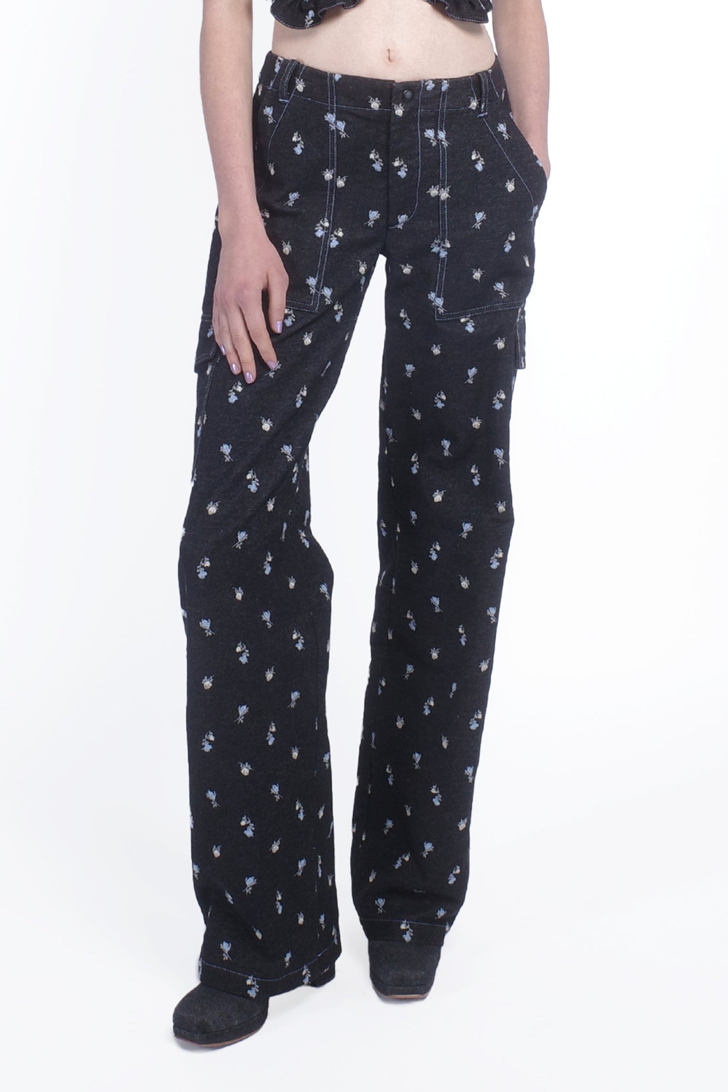 Anna Sui Denim Embroidered Roses Cargo Pants
