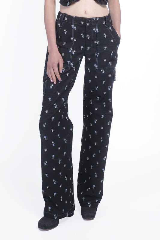 Anna Sui Denim Embroidered Roses Cargo Pants