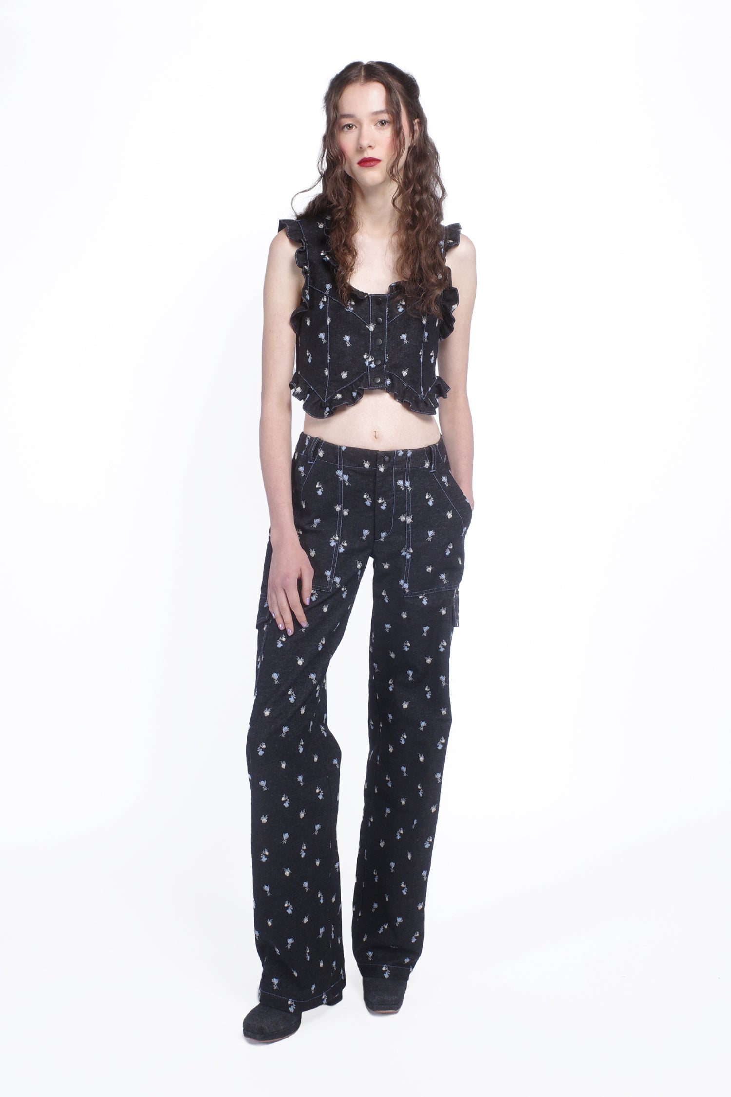 Anna Sui Denim Embroidered Roses Cargo Pants