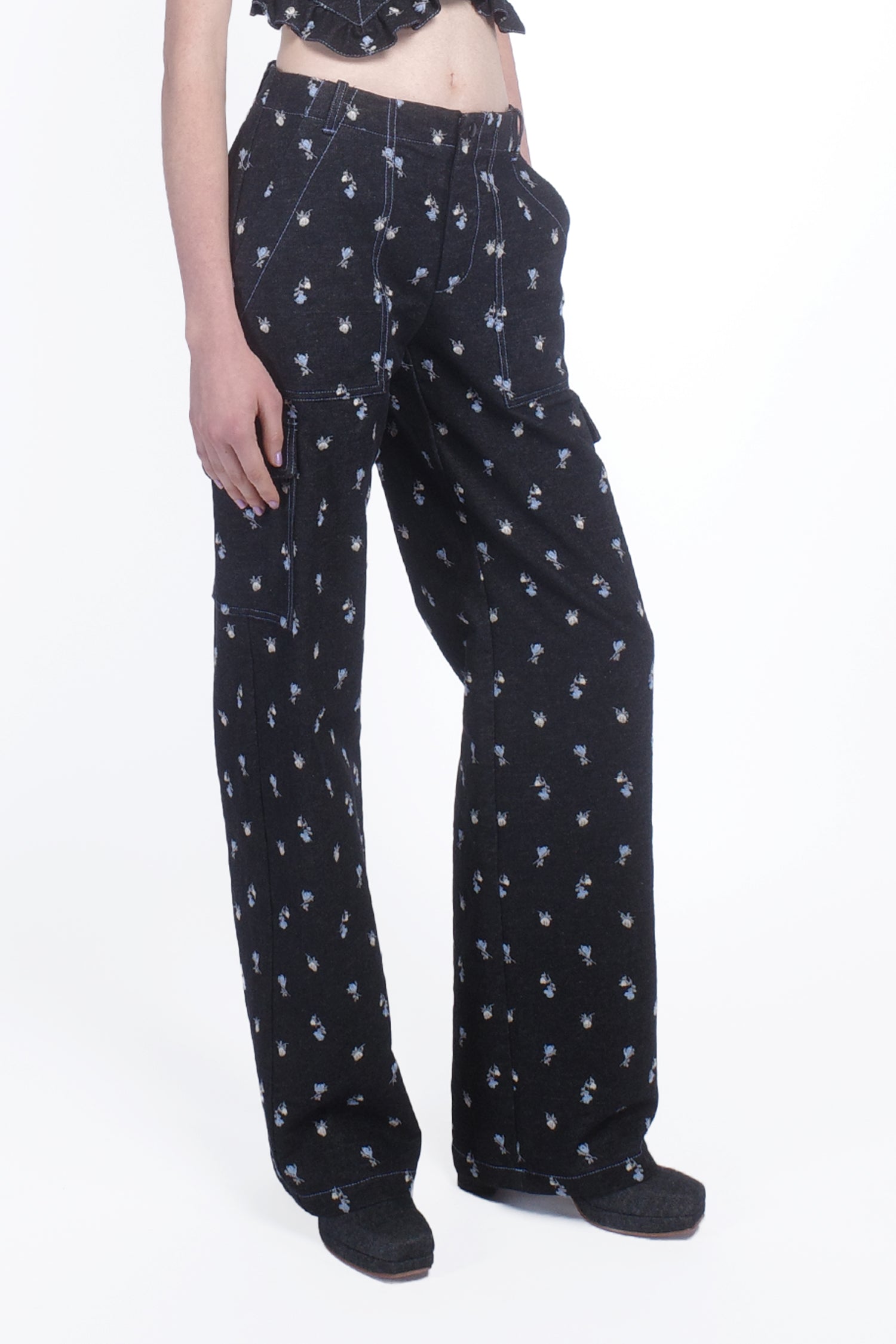 Anna Sui Denim Embroidered Roses Cargo Pants