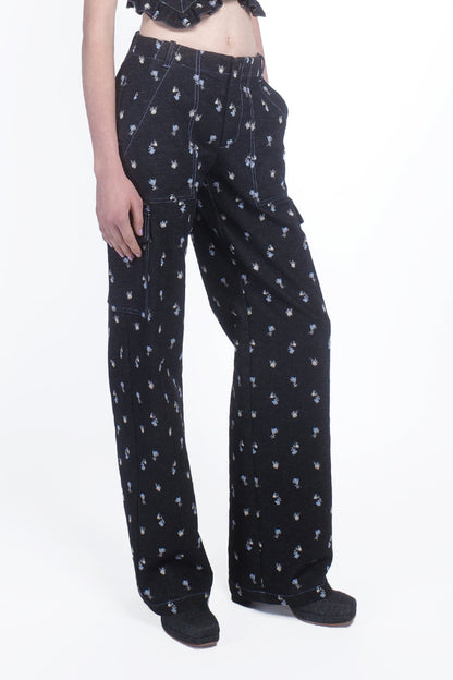 Anna Sui Denim Embroidered Roses Cargo Pants