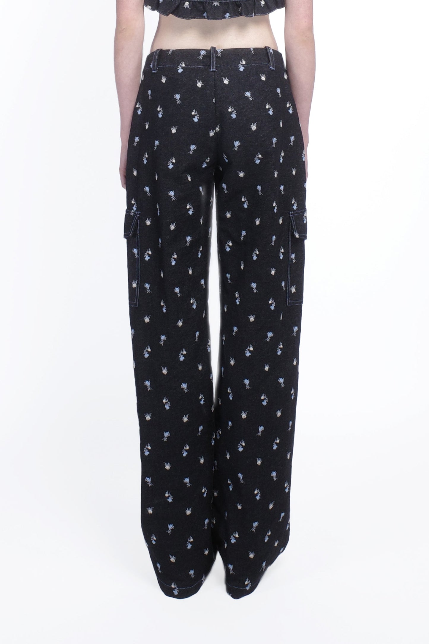 Anna Sui Denim Embroidered Roses Cargo Pants