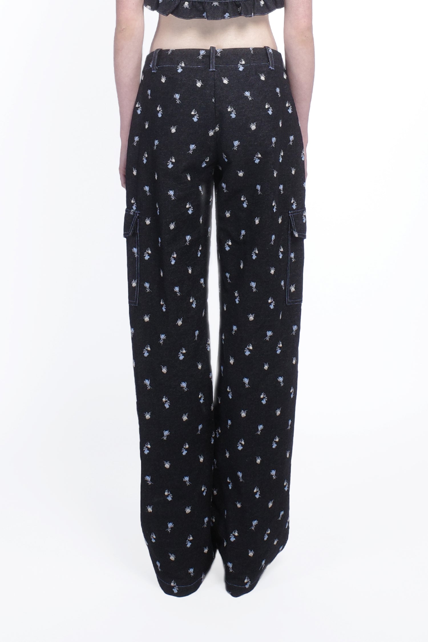 Anna Sui Denim Embroidered Roses Cargo Pants