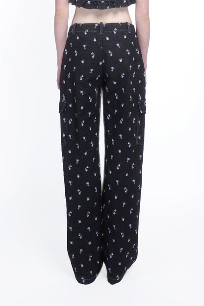 Anna Sui Denim Embroidered Roses Cargo Pants