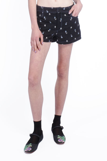 Anna Sui Denim Embroidered Roses Shorts