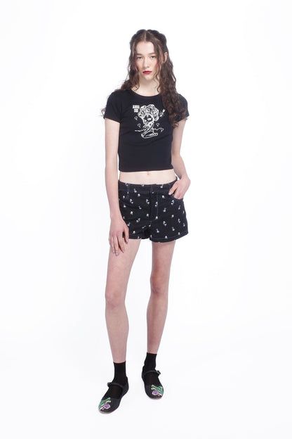 Anna Sui Denim Embroidered Roses Shorts