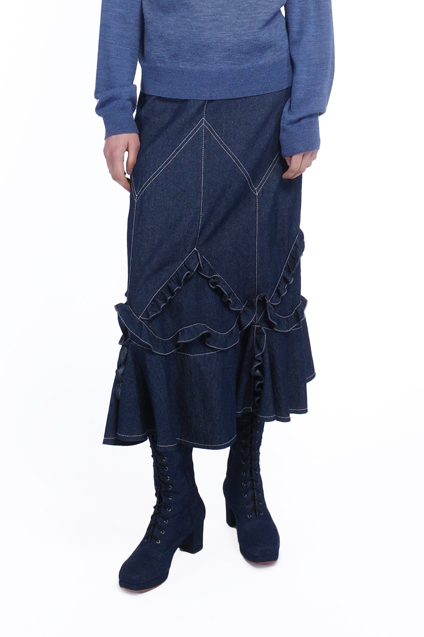 Anna Sui Denim Ruffle Maxi Skirt