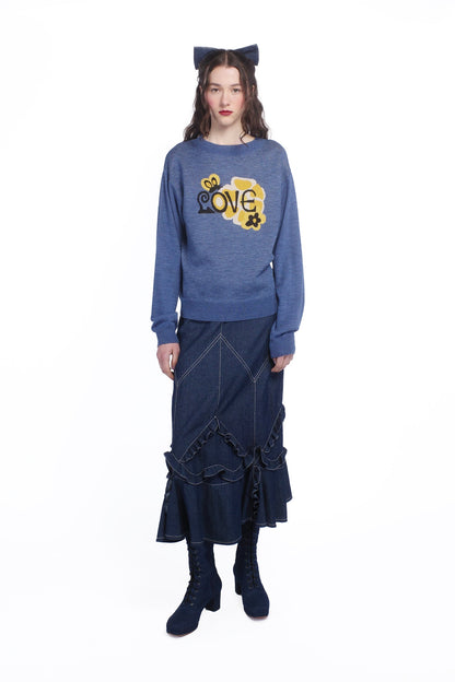 Anna Sui Denim Ruffle Maxi Skirt