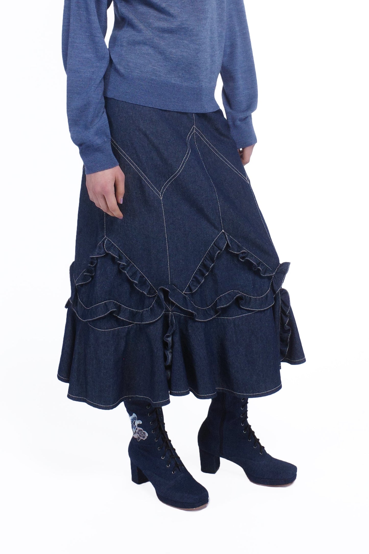 Anna Sui Denim Ruffle Maxi Skirt