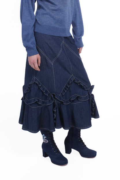 Anna Sui Denim Ruffle Maxi Skirt