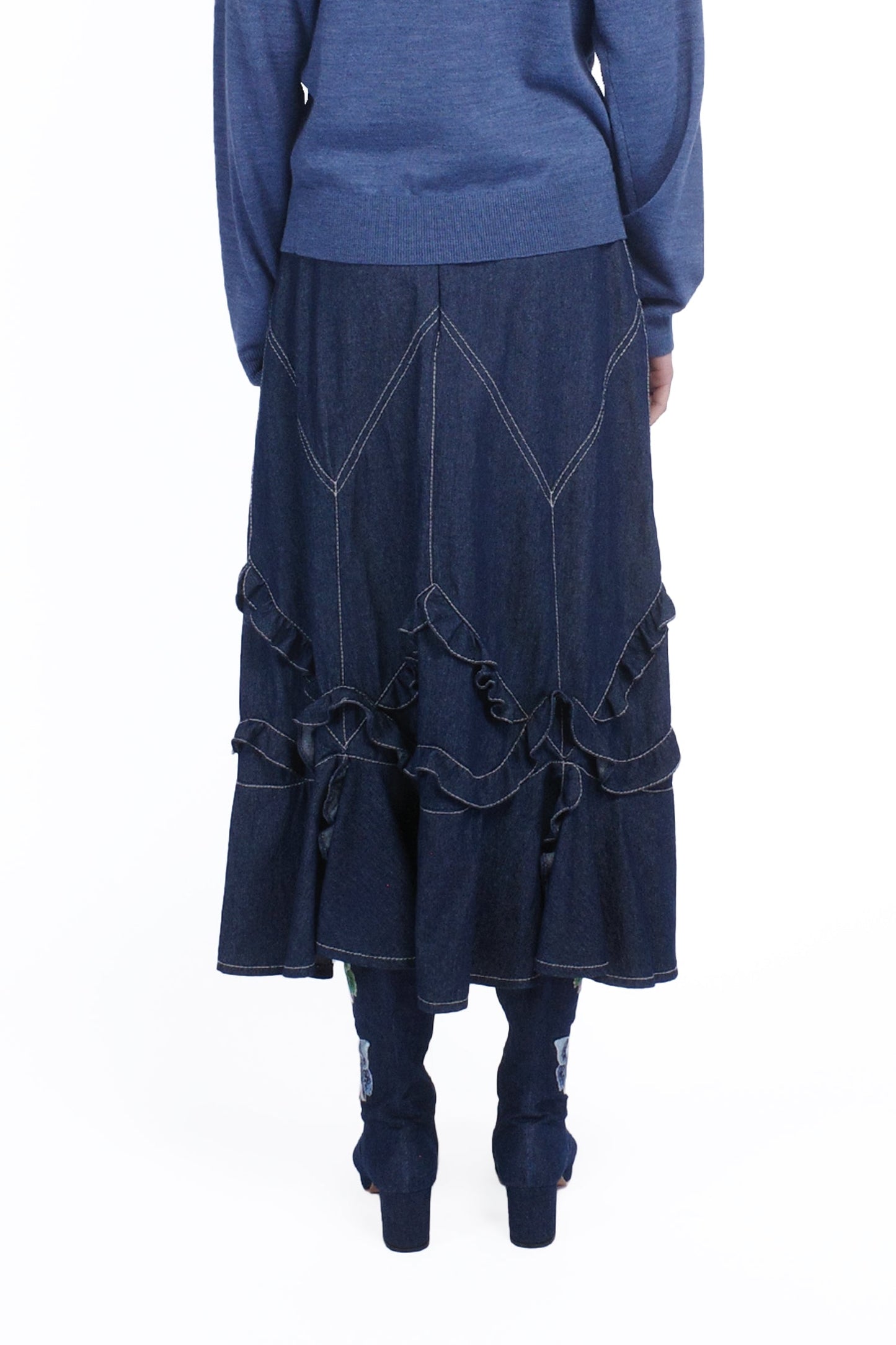 Anna Sui Denim Ruffle Maxi Skirt