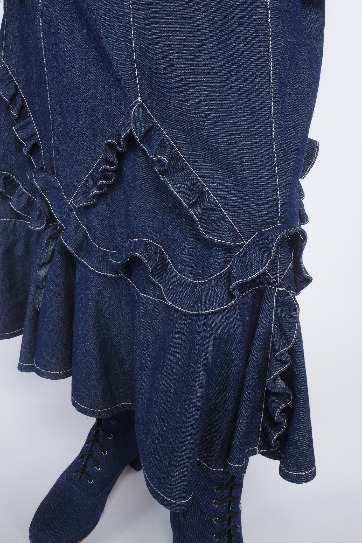 Anna Sui Denim Ruffle Maxi Skirt