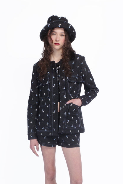 Anna Sui Denim Embroidered Roses Barn Jacket