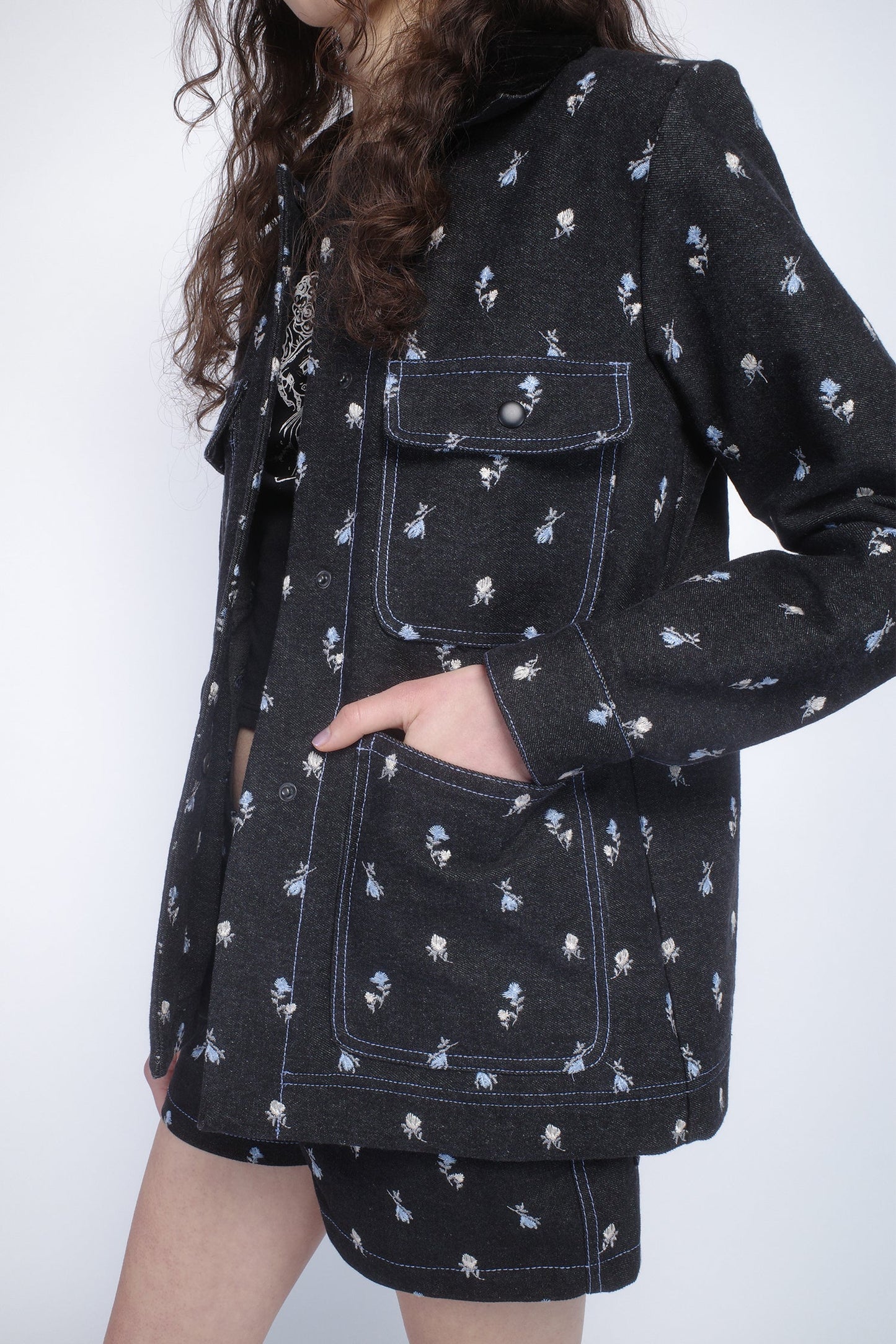 Anna Sui Denim Embroidered Roses Barn Jacket