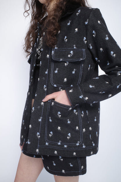Anna Sui Denim Embroidered Roses Barn Jacket