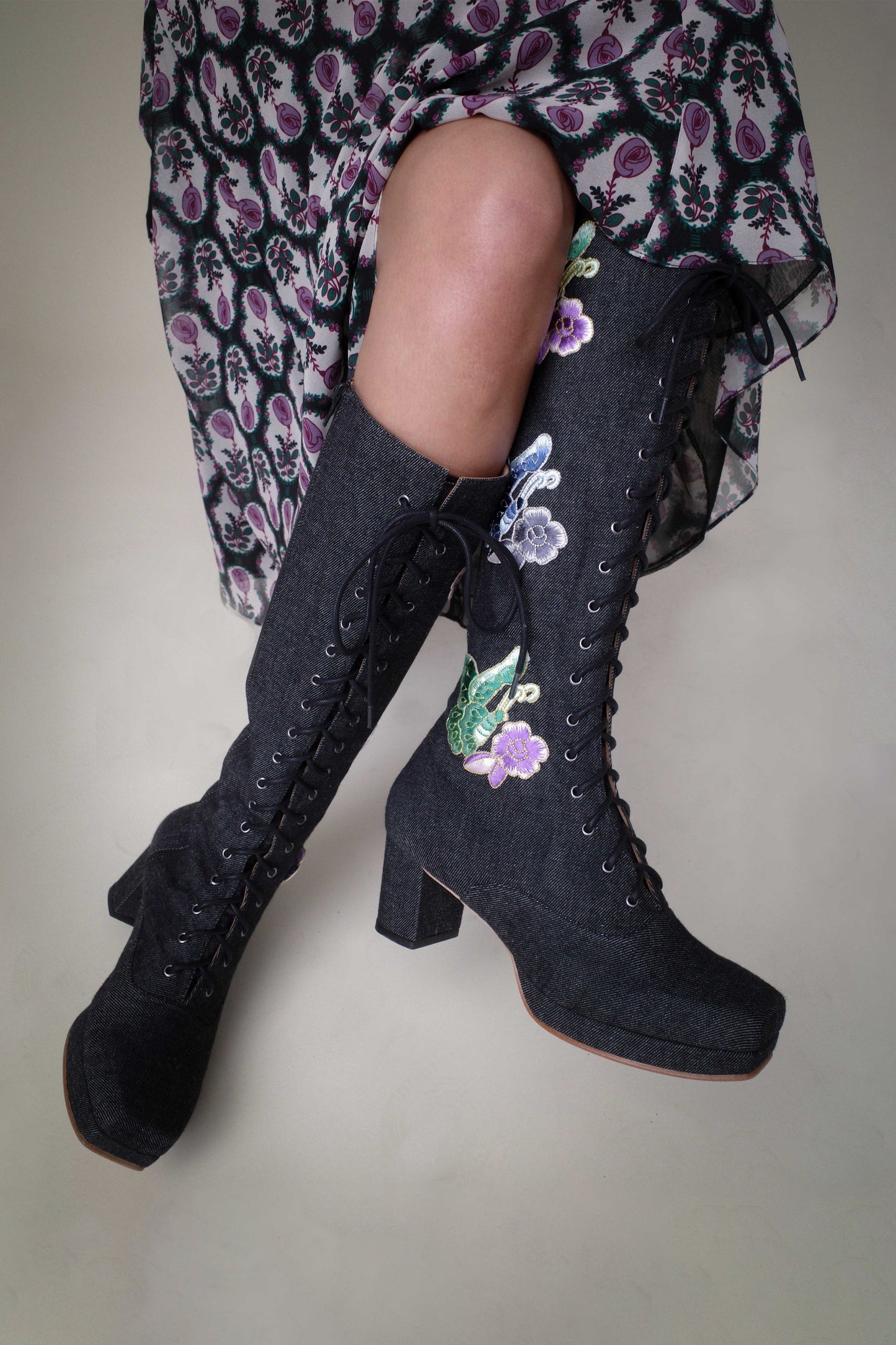 Anna Sui John Fluevog x Anna Sui Butterfly Boots - Black Denim
