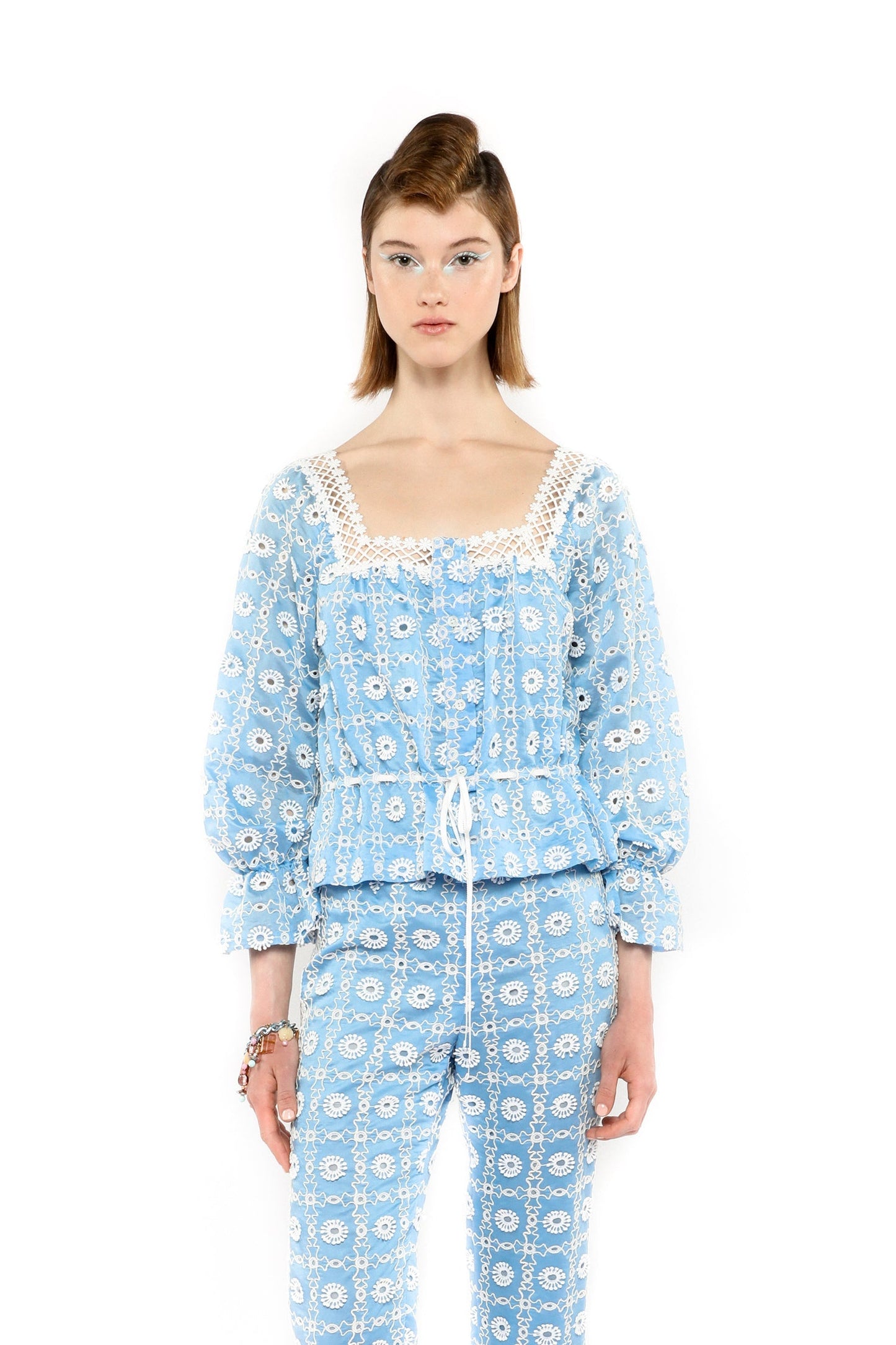 Anna Sui Lattice Lace Embroidery Tie Blouse