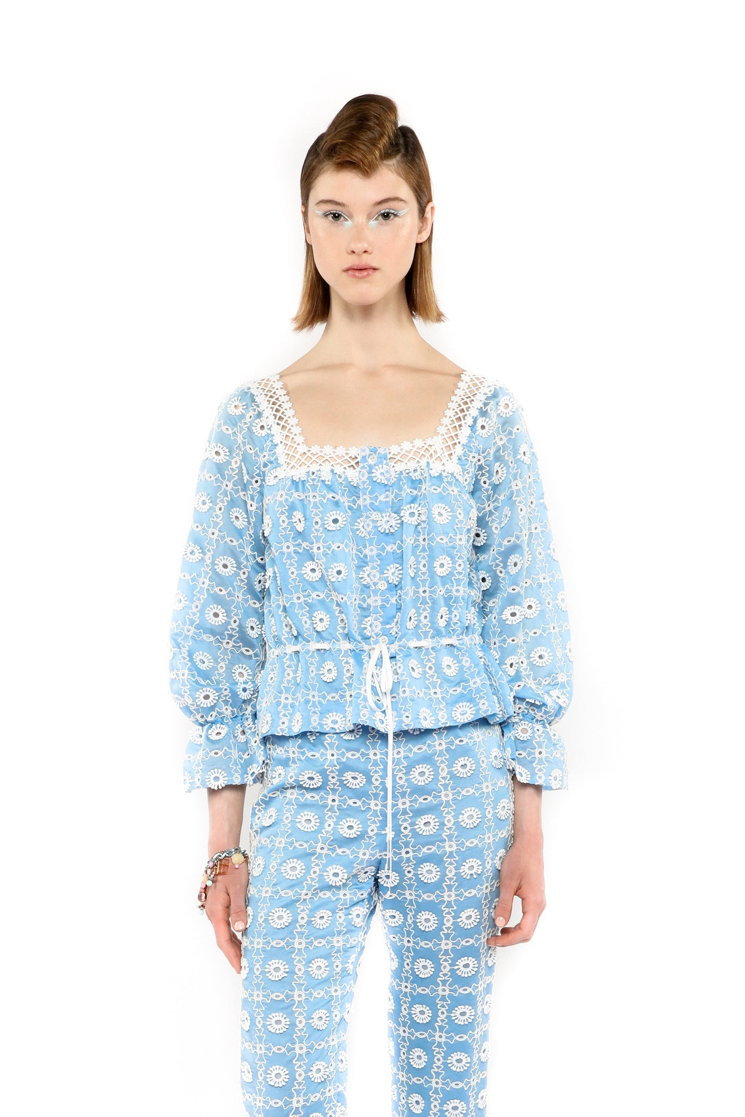 Anna Sui Lattice Lace Embroidery Tie Blouse