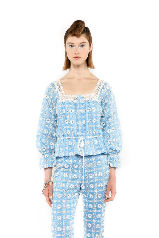 Anna Sui Lattice Lace Embroidery Tie Blouse