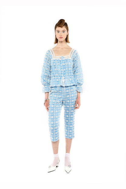 Anna Sui Lattice Lace Embroidery Tie Blouse