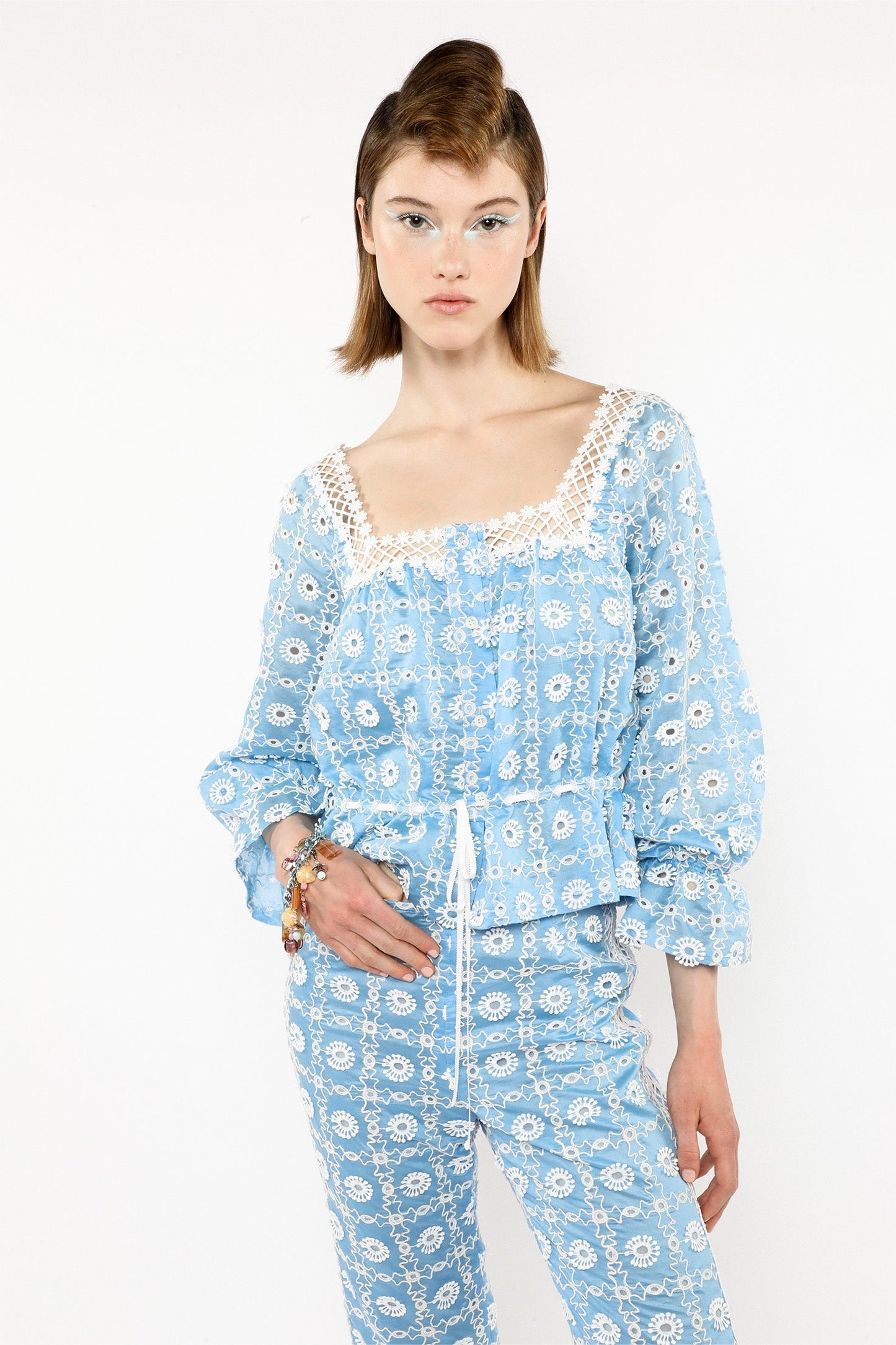 Anna Sui Lattice Lace Embroidery Tie Blouse