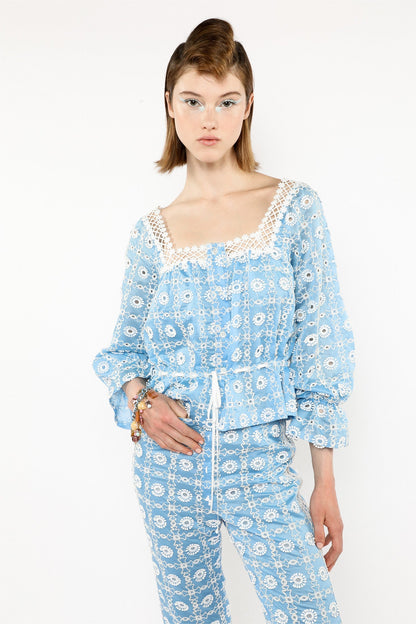 Anna Sui Lattice Lace Embroidery Tie Blouse