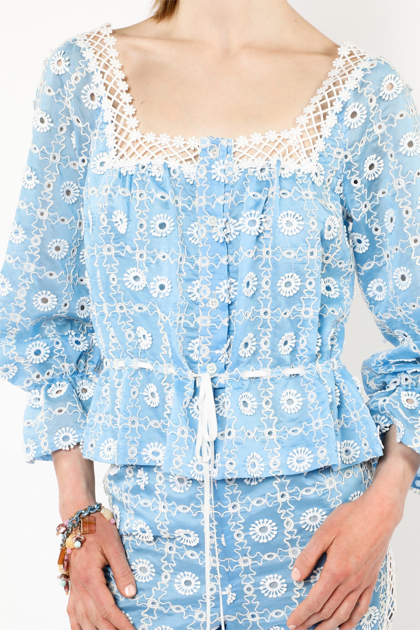 Anna Sui Lattice Lace Embroidery Tie Blouse