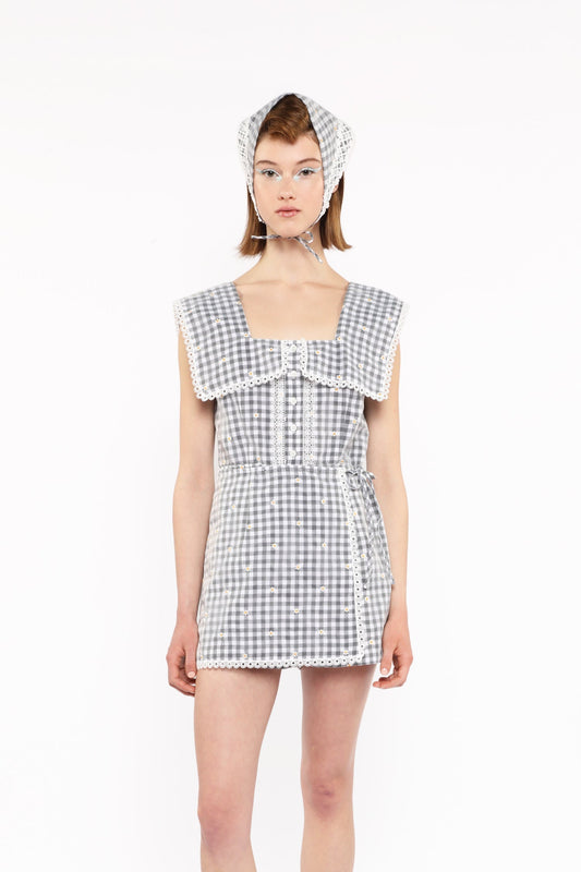 Anna Sui Daisy Embroidery on Gingham Tie Romper