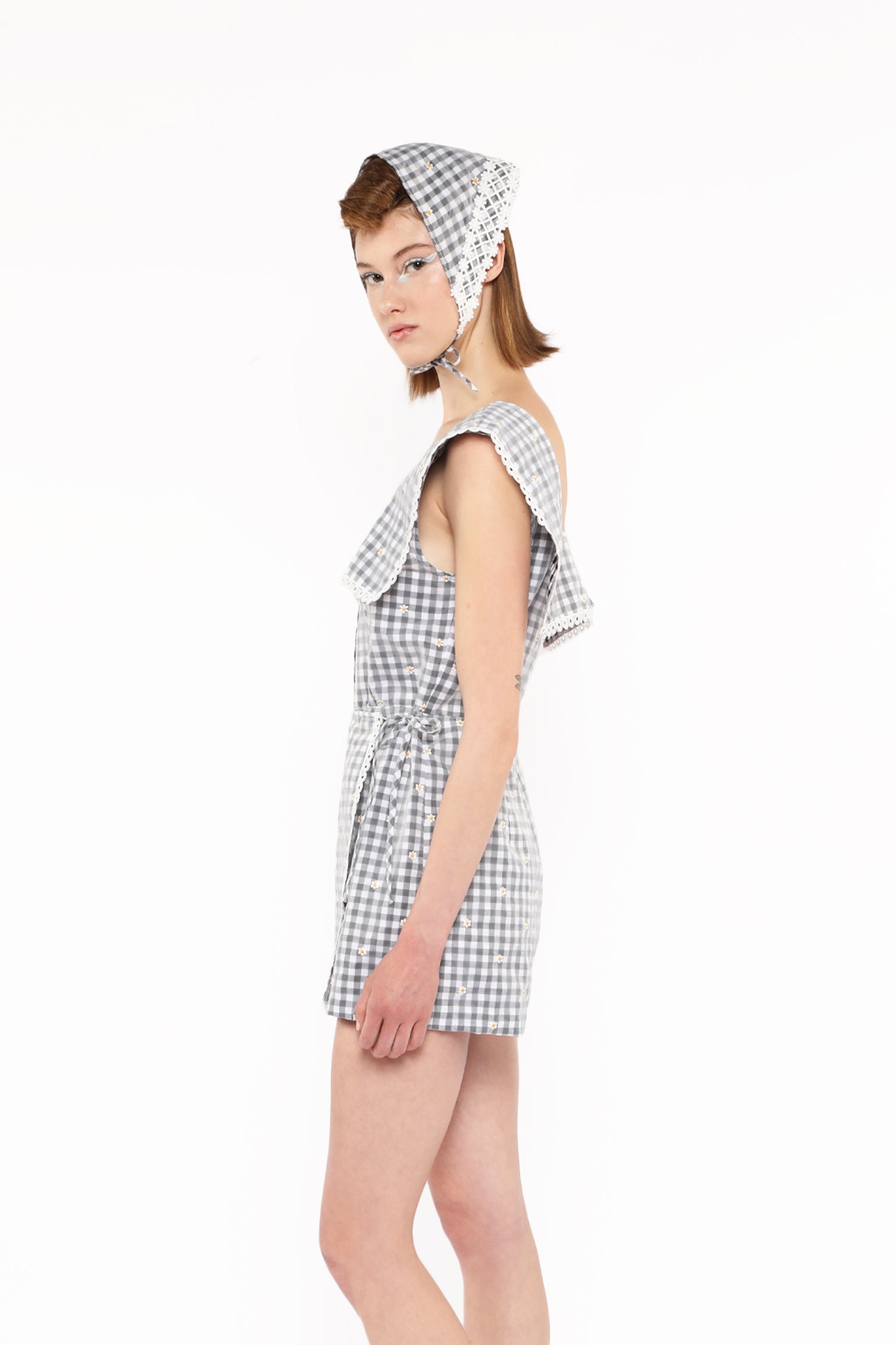 Anna Sui Daisy Embroidery on Gingham Tie Romper