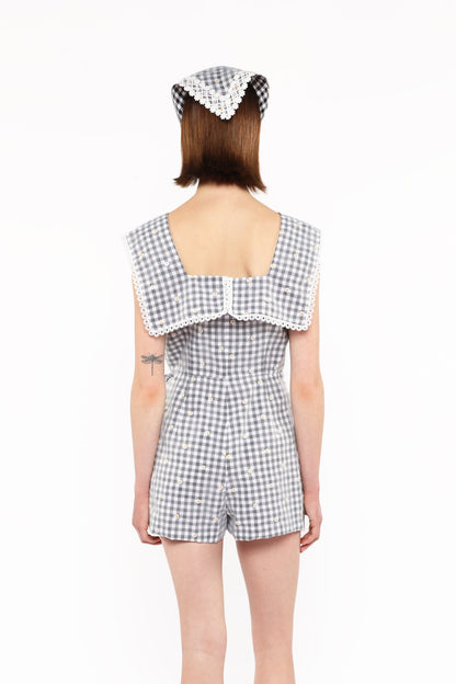 Anna Sui Daisy Embroidery on Gingham Tie Romper