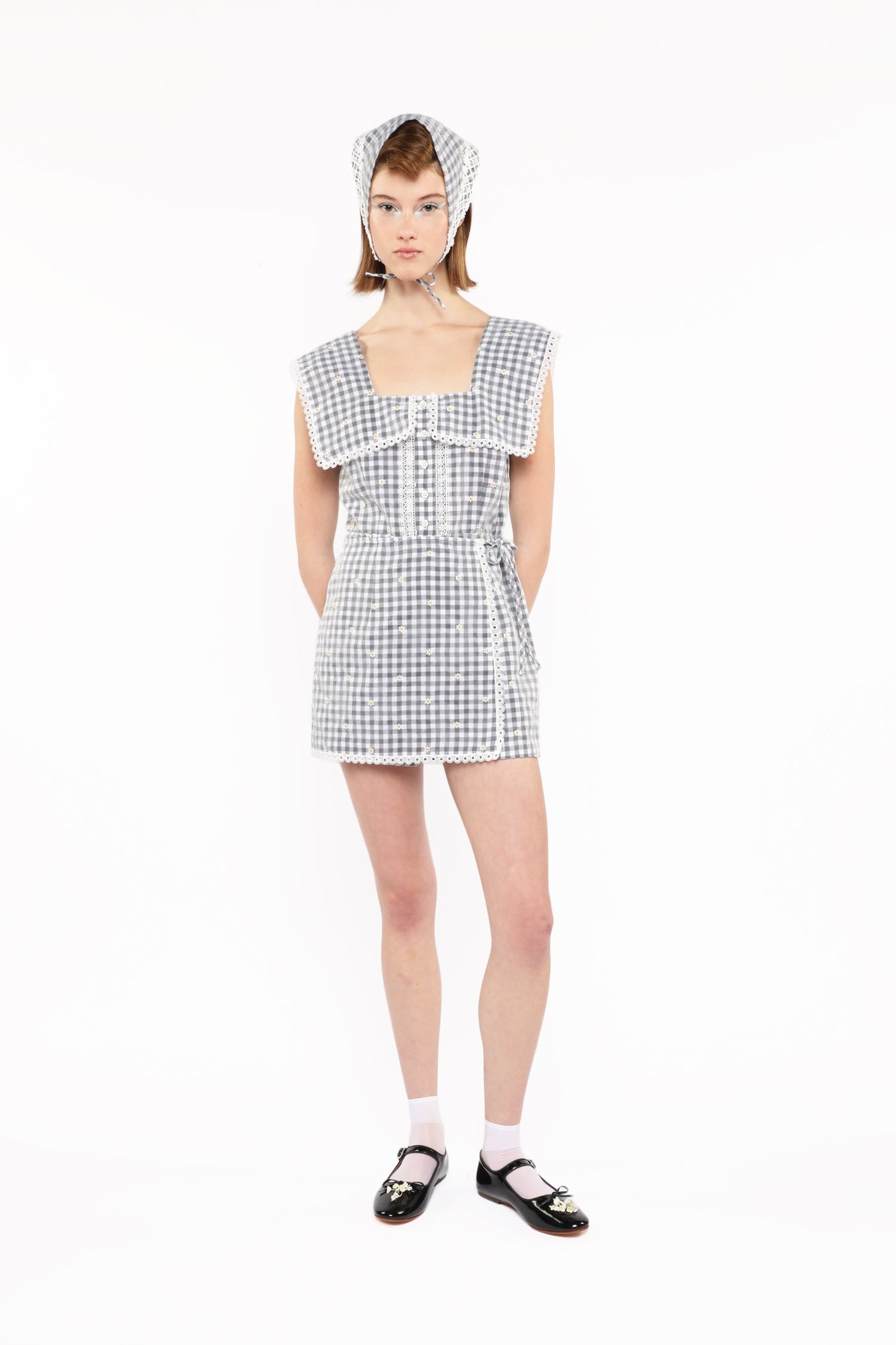 Anna Sui Daisy Embroidery on Gingham Tie Romper