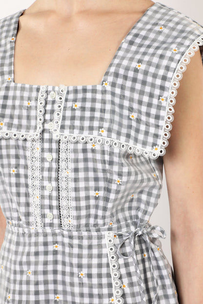 Anna Sui Daisy Embroidery on Gingham Tie Romper