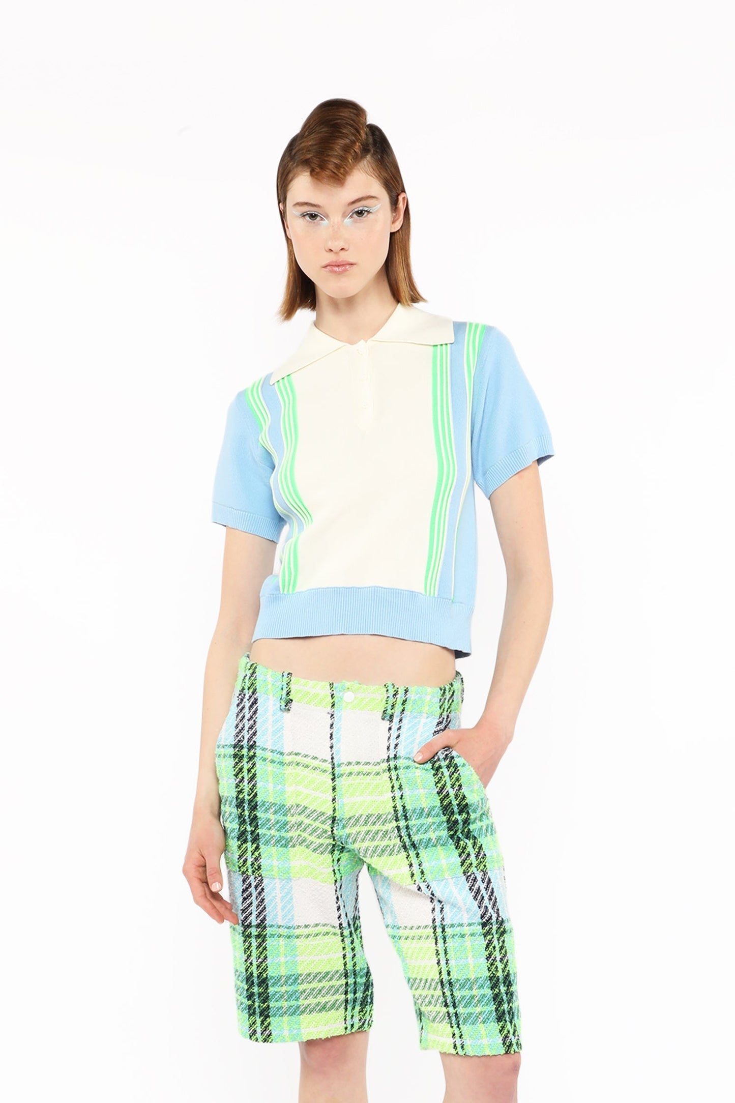 Anna Sui Amalfi Polo Knit Short Sleeve Top - Baby Blue