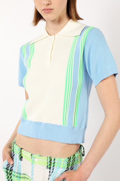 Anna Sui Amalfi Polo Knit Short Sleeve Top - Baby Blue