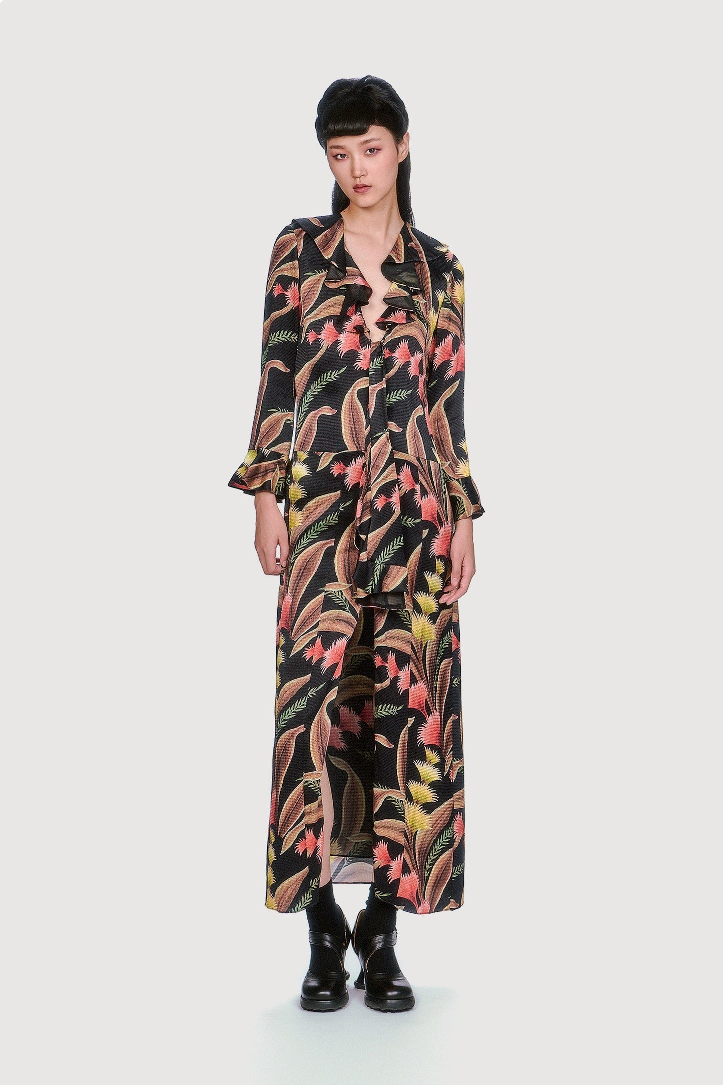 Anna Sui Feather Fern Crinkle Rayon Ruffle Tie Dress