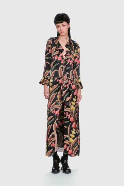 Anna Sui Feather Fern Crinkle Rayon Ruffle Tie Dress