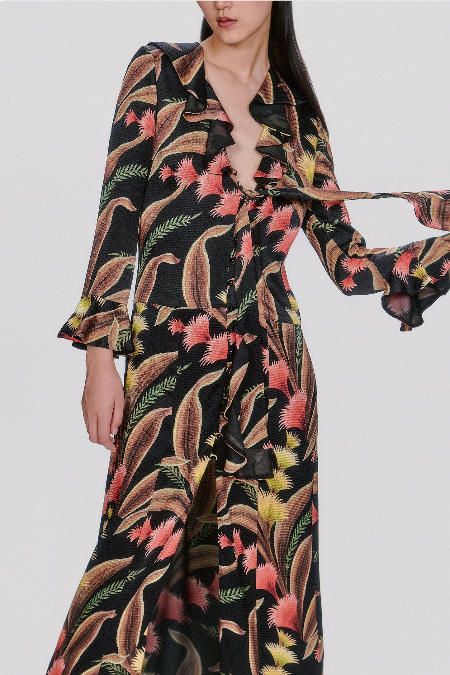 Anna Sui Feather Fern Crinkle Rayon Ruffle Tie Dress