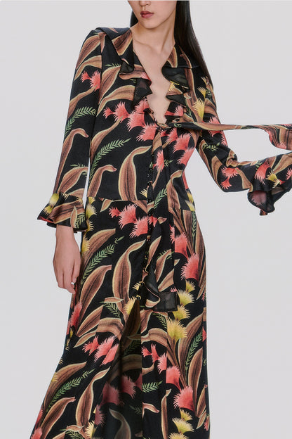 Anna Sui Feather Fern Crinkle Rayon Ruffle Tie Dress