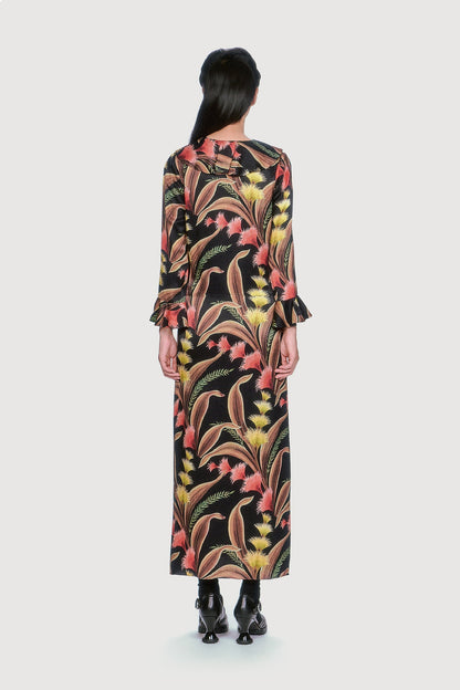 Anna Sui Feather Fern Crinkle Rayon Ruffle Tie Dress