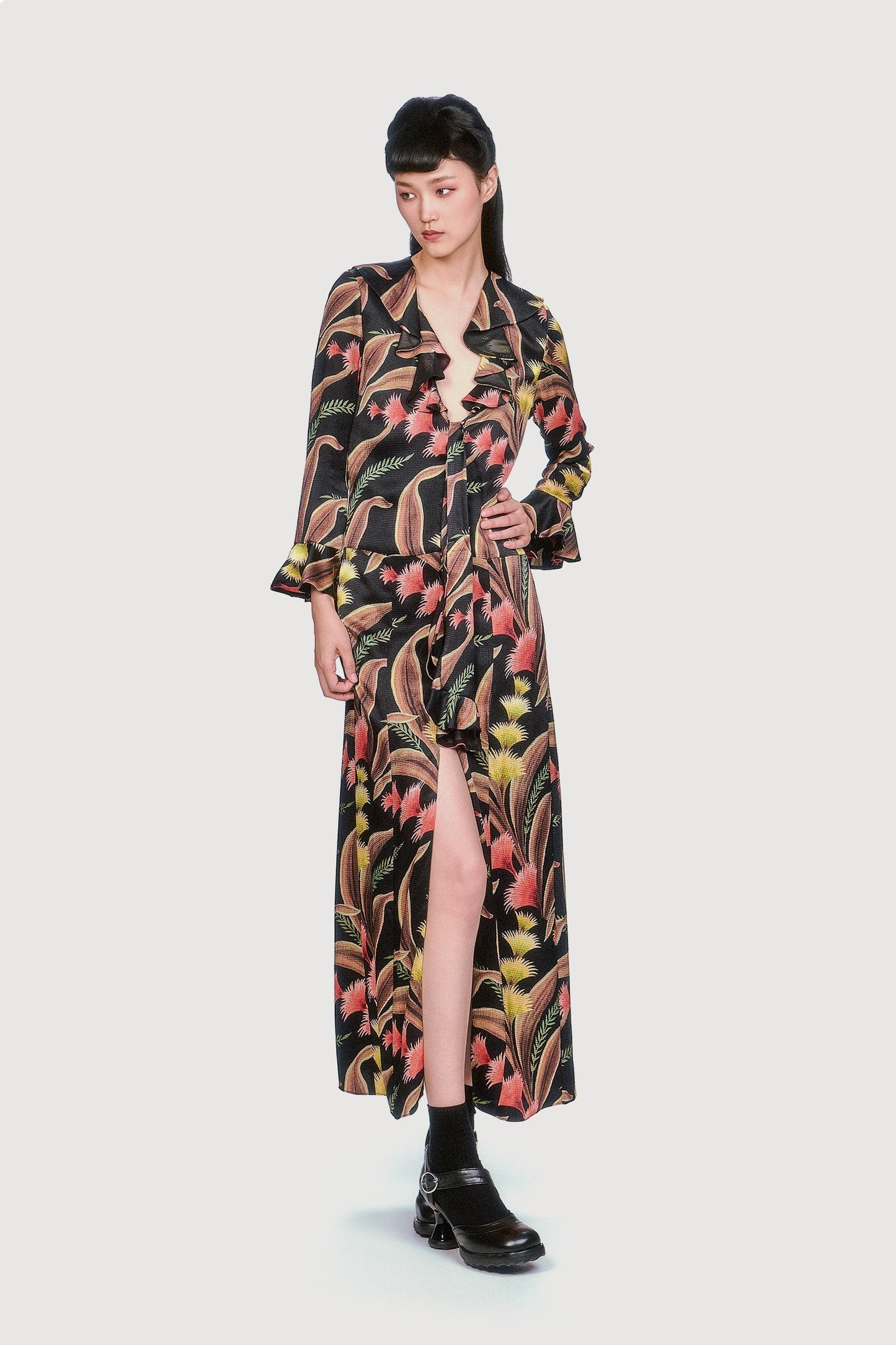 Anna Sui Feather Fern Crinkle Rayon Ruffle Tie Dress